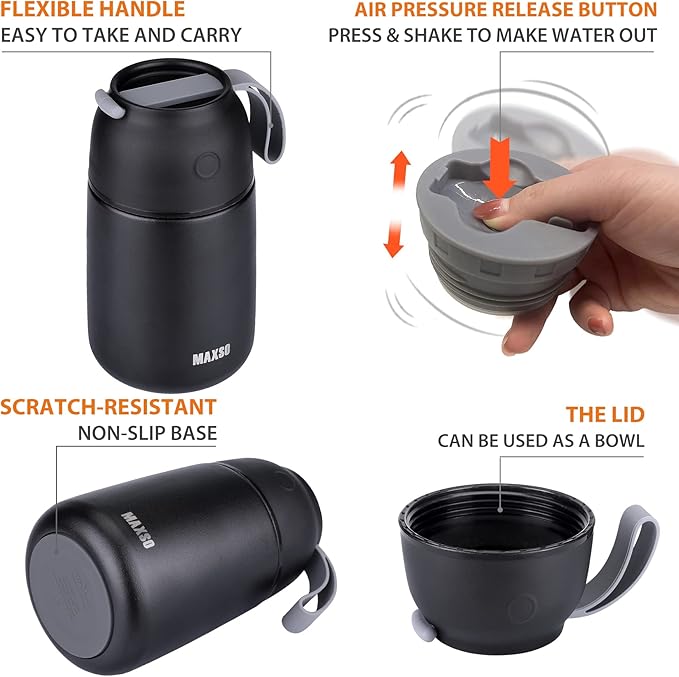 MAXSO 2 Pack Soup Thermo for Hot &amp Cold Food for Kids Adults Vacuum Insulated Food Jar Thermal Lunch Containers Travel Food Flask with Spoon (24 oz17 oz) (Black)