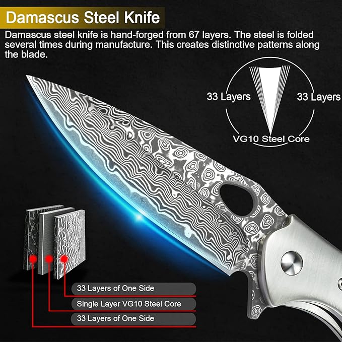 KOMWERO Damascus Pocket Knife for Men VG10 Core Damascus Steel Folding Knife with Wood Handle Ball Bearing Thumb Hole Liner Lock Sheath for EDC Outdoor Survival Hunting