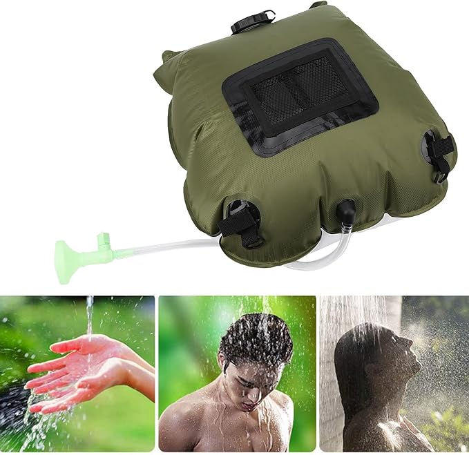 Outdoor Solar Heated Shower Bag Portable Camping Water Storage Bag with Thermometer and Mesh Pouch Foldable PVC Shower for Hiking and Travel