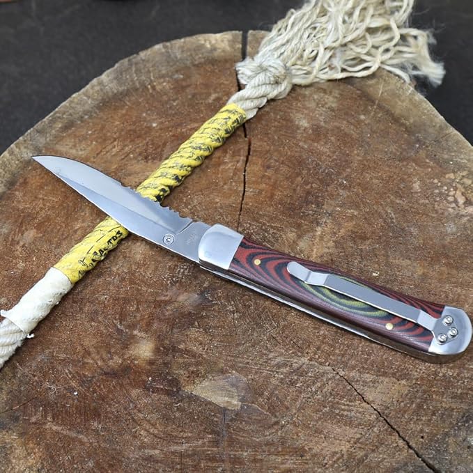 WHISKEY BENT HAT CO. Locking Trapper Folding Pocket Knife 4.125 Closed Length 440C Stainless Steel Blades (Desert Sand - Serrated)