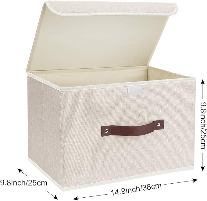 TYEERS Collapsible Storage Boxes Washable Fabric Storage Bins with Lids 14.9x9.8x9.8 inches 2 Pack Beige