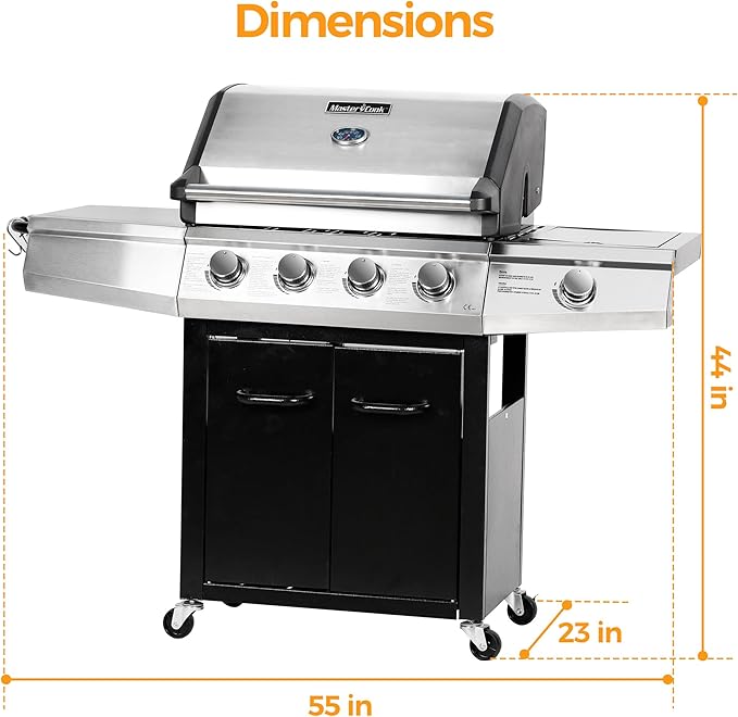 MASTER COOK 4+1 Burners Gas Grill 518 Sqin Cooking Area 52000 BTU Propane Grill with Side Burner Stainless Steel Cabinet Grill Black