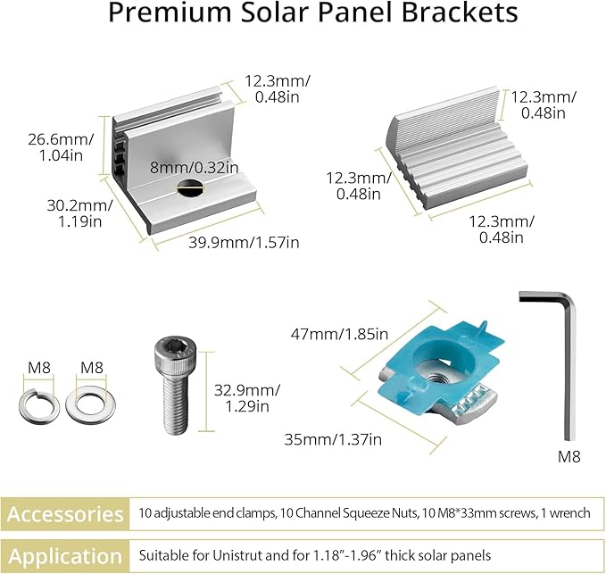 Anbte 10pcs Adjustable Solar Panel End Clamp for Unistrut 30-50mm Aluminum Solar Panel Mounting Brackets with Nuts Bolts and Wrench for Metal Roof Tin Roof Flat Roof Sheet Roof RV Silver