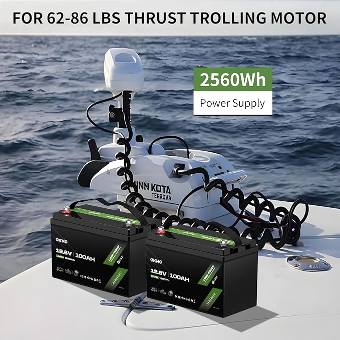 OKMO 12V 100Ah LiFePO4 Battery(2 Pack) Lithium Battery 100A BMS 10 Years Lifetime 15000+ Deep Cyclesfor Marine RV Trolling Motor Boat Camper Solar Home Iron Phosphate