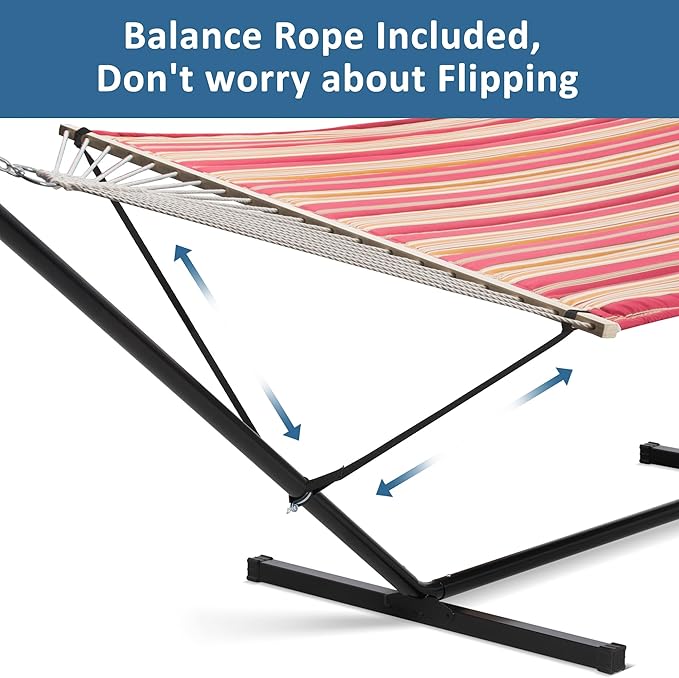 SUNCREAT Outdoor Hammock with Stand Two Person Quilted Fabric Hammock Swing with 12ft Steel Stand Red Stripes