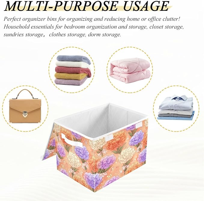 Storage Bins With Lid Stackable Fabric Closet Organizer Clothing Storage Large Boxes For Closet Shelves Bedroom Orange Carnations Bows Leaves