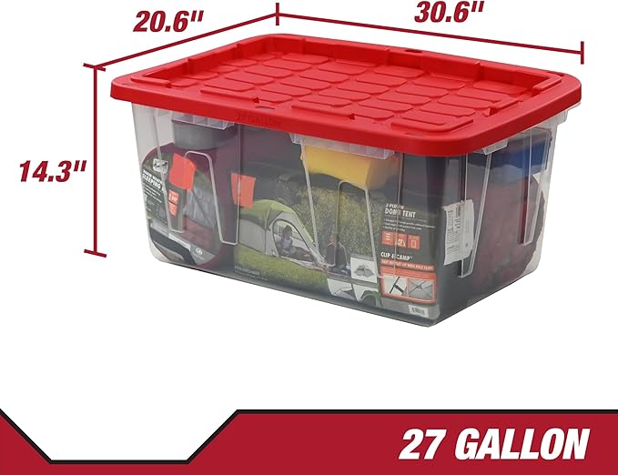27 Gallon Clear Plastic Storage Bin with Red Lid for Home Organization &amp Garage Storage Multi-Purpose Lidded Container for Clothes Craft Supplies &amp Seasonal Decorations