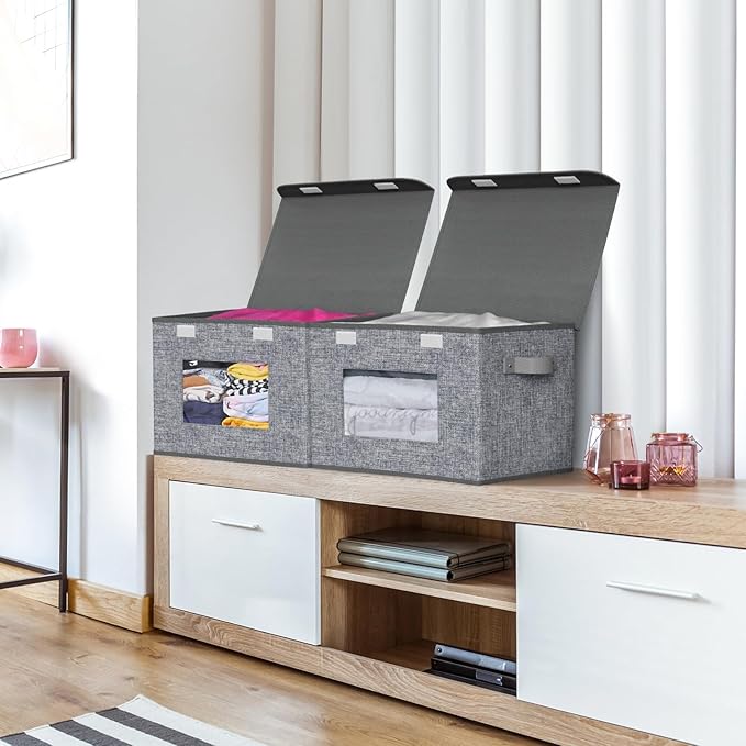 Univivi Fabric Foldable Storage Boxes [4-Pack] Large Collapsible Stackable Storage Bins with Lids Closet Organizers and Storage Cube Basket for Home Office Bedroom (Grey 17'' x 12'' x 12)