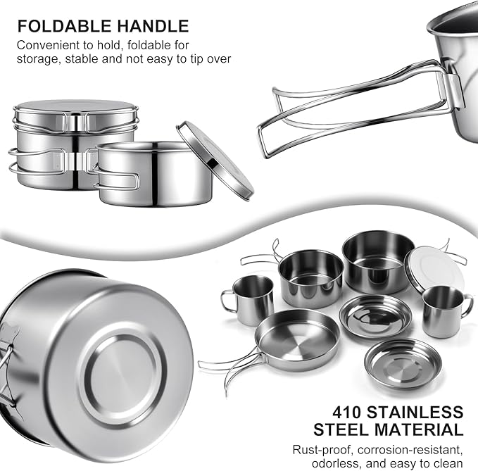 Stainless Steel Camping Cookware Mess Kit - Portable Backpacking Cooking Set with Pot/Plates/Cups &amp Storage Bag Outdoor Cookware for Hiking Picnic Camping &amp Backpacking Adventures（8PCS）