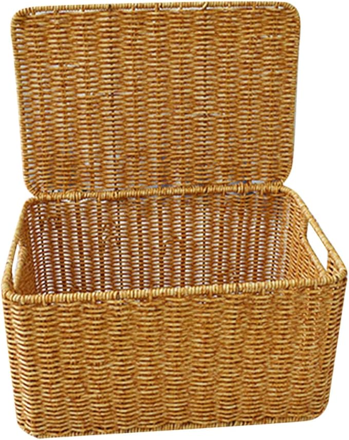 Lurrose Decorative Small Lidded Storage Basket Imitation Rattan Woven Container with Lid Large-capacity Closet Organizer Bin for Bedroom and Outdoor Use