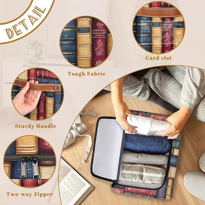 Bookshelf Storage Bins with Zipper Lid Retro Library Fabric Lidded Storage Baskets Cubes with Handles Decorative Foldable Shelf Closet Organizer Container