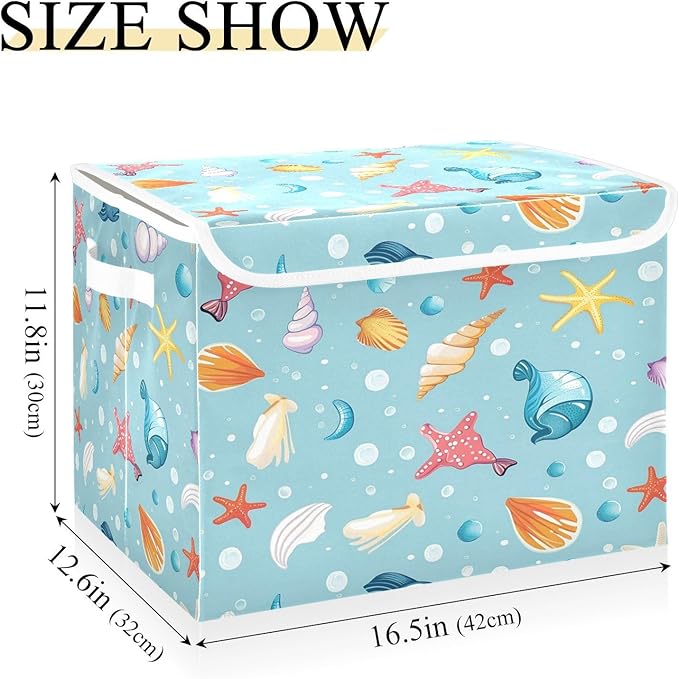 Storage Bins With Lid Stackable Fabric Closet Organizer Clothing Storage Large Boxes For Closet Shelves Bedroom Blue Marine Icons