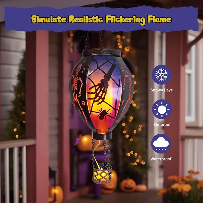 Halloween Outdoor Decorations Hot Air Balloon Solar Lantern with Flickering Flame Hanging Outdoor Lanterns with Skull Pattern Hollowed-Out Design Halloween Party Decor for Garden Patio (Halloween)