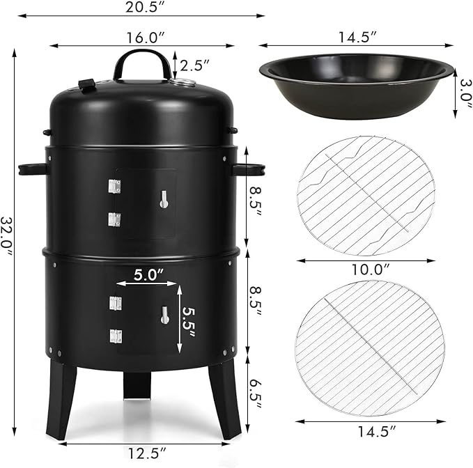 Giantex 3-in-1 Charcoal BBQ Smoker Outdoor Grill Cooker with Built-in Thermometer and 6 Hooks for Outdoor Backyard Cooking Grilling Camping