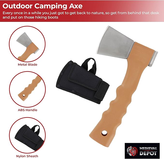 MedievalDepot Outdoor Camping Axe – Compact Full Tang Blade with Hammer Pommel Sheath Included (Brown)