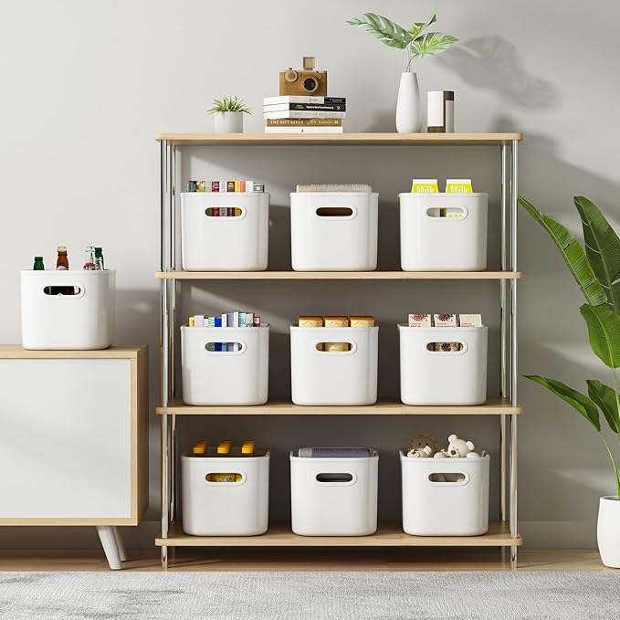 6 Pack White Storage Bins with Lids Stackable Storage Container for Organizing Small Storage Boxes with Handle for Shelves Cute Organizer Bins for Craft Snacks 9.85x6.9x5.7 inch