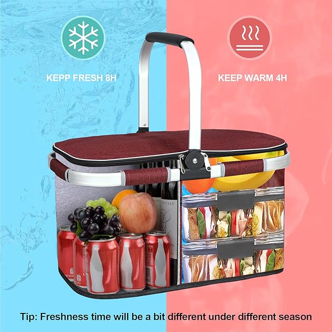 LIQING 35L Large Picnic Basket 2 Layers of Internal Pockets Leak-Proof and Insulated Folding with Internal Support for enhansed Stability Wedding Gifts for Couple(Wine red)