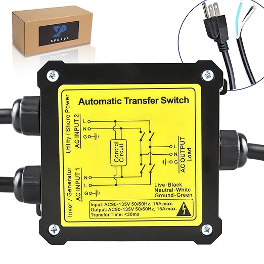 AC120V 15Amp Automatic Transfer Switch ATS Auto Transfer Switch with Core Wires and NEMA 5-15P