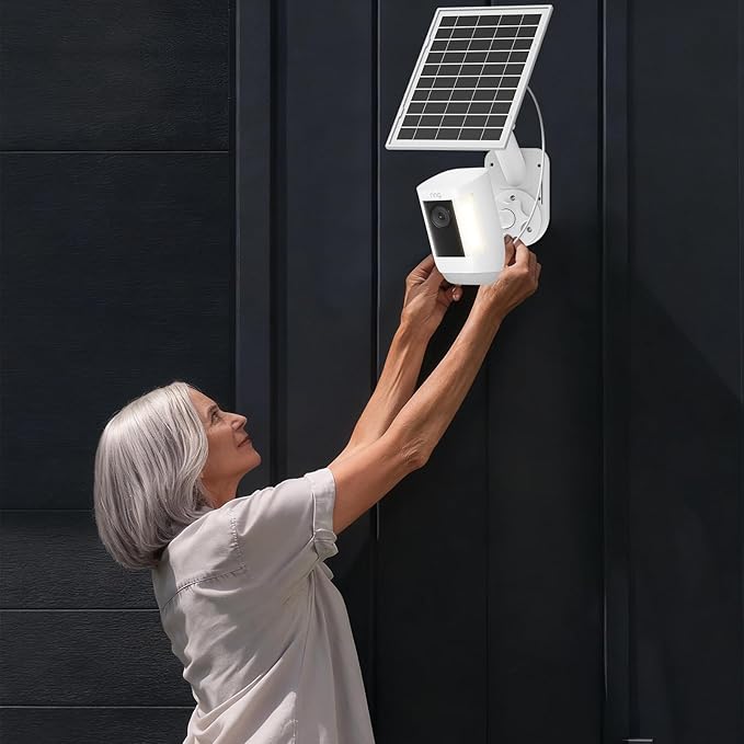 Solar Panel and 2-in-1 Wall Mount for Ring Cam 6W Solar Charger Compatible with R-ing Spotlight Pro/Plus &amp Stick Up Cam Battery Models Weatherproof Cable with USB-C and Ring Barrel Plug
