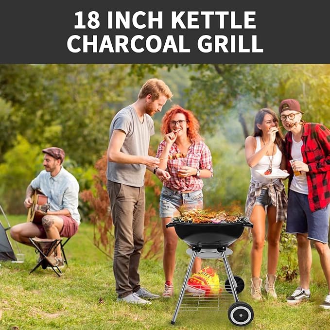 18 Inch Charcoal Grill BBQ Kettle Grill with Enamel Lid &amp Ash Catcher Portable Charcoal Grill for Outdoor Grill Camping and Small Patio Backyard Includes Wheels for Easy Mobility