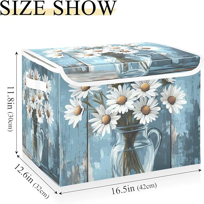 Collapsible Storage Bins with Lids Decorative Fabric Storage Cubes Closet Organizer and Storage Basket Boxes Containers for Clothes Box Chest Nursery Folding Rectangle Daisy Wooden Blue