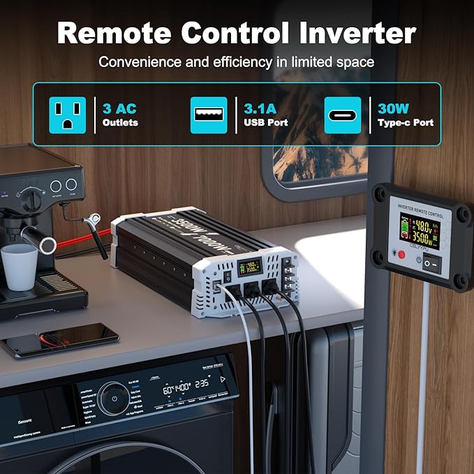 3500 watt Pure sine Wave Inverter 48V DC to 110V AC Power Inverter Used for Solar Emergency Power Supply in RV Homes with 3 AC Output sockets USB Port Type-C Port Remote Control with LCD Screen