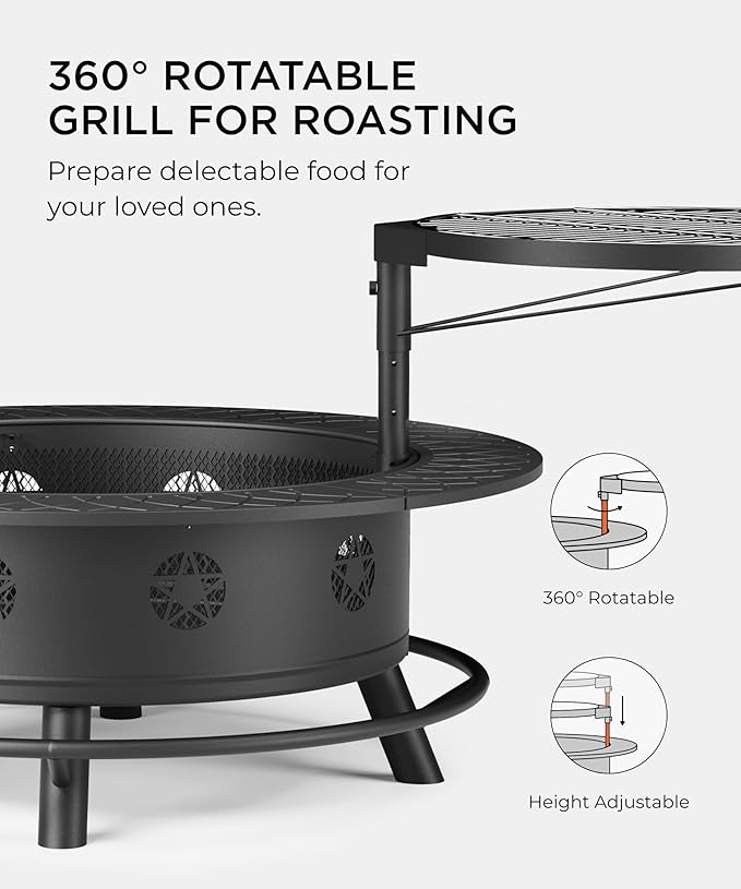 43 Inch Fire Pit with BBQ Grill Wood Burning Fire Pits for Outside with Lid &amp Poker Extra Large Heavy Duty Firepits BBQ &amp Outdoor Firepit &amp Round Metal Table 3 in 1 for Bonfire Patio