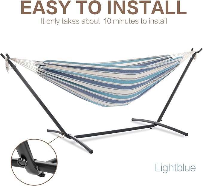 PNAEUT Double Hammocks with Stand for Outside Portable Space Saving Heavy-Duty Steel Stand for Indoor Outdoor Patio with Carrying Bag 450 lbs Capacity (Lightblue)