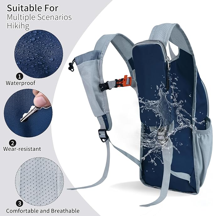 Hiking Backpack 10L/15L Small Daypack Lightweight Packable Travel Foldable Water Resistan for Women Men (Navy Blue 10L)