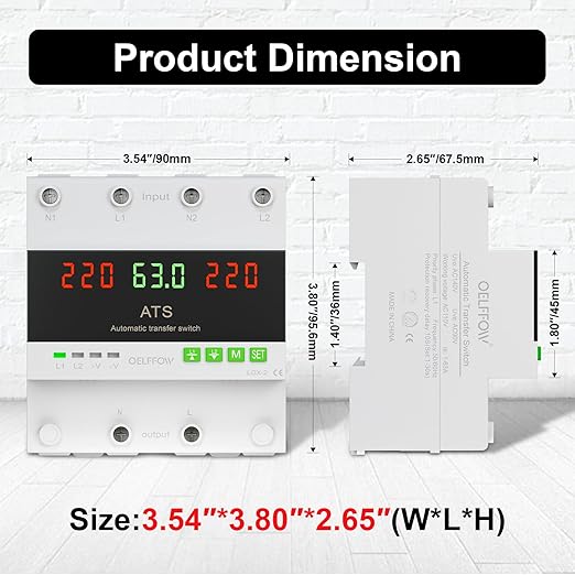 110 VAC Dual Power Automatic Transfer Switch 2-Pole 63 Amp DIN Rail ATS Adjustable Emergency Power Switch with 3.54” Guide Rail