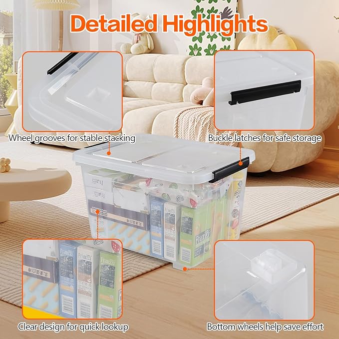 Wekioger Set of 4 Plastic Storage Box on Wheels 32 Quart Latch Storage Container Bin Clear