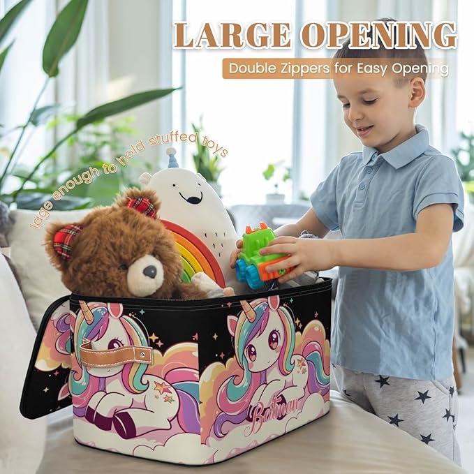 Storage-Bins with Lids Handle Customized Stackable-Storage-Bin for Kids-Boys-Girls-Toys Cube Collapsibl Basket Unicorn Black