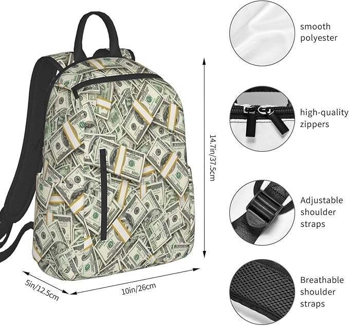 Lightweight Casual Laptop Backpack for Men and Women money american bill dollar Bookbag for College