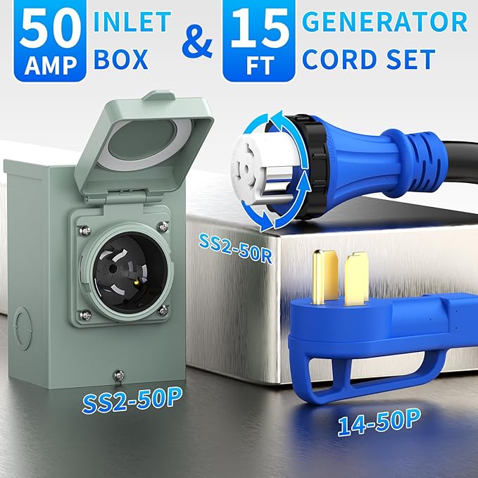 BEBOBLY 50 Amp Power Inlet Box and 15FT Generator Cord 125V/250V Emergency Power Combo Kit NEMA 3R Generator Plug NEMA14-50P/SS2-50R RV Power Extension Cord Twist Lock Grip Handle