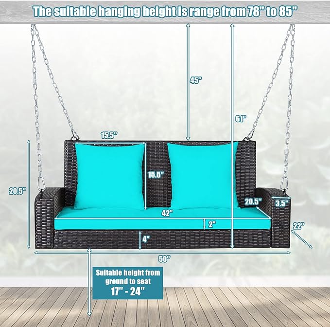 Tangkula 2-Person Wicker Hanging Porch Swing Patiojoy Outdoor Rattan Swing Bench W/ 2 Back Cushions &amp 1 Seat Cushion Sturdy Steel Chain 800lbs Weight Capacity Suitable for Deck Backyard Gard