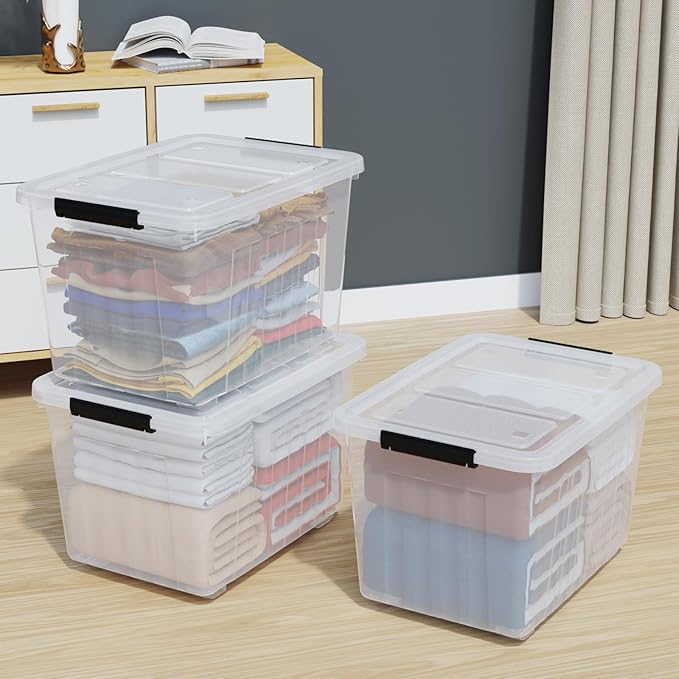 50 Liters Plastic Storage Bins with Latching Lids Stackable Boxes with Wheels 4 Packs Large Storage Container