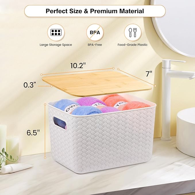 Ohmlove 4 Packs Storage Bins with Bamboo Lids - Plastic Storage Containers with Lids Stackable Storage Box：Storages Baskets for Organizing Desktop Closet Playroom Classroom OfficeWhite