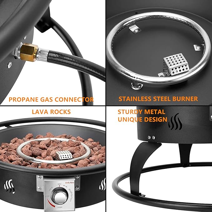 ONLYFIRE OUTDOOR LIVING Propane Gas Fire Pit 22¡± Portable Smokeless Fireplace with 12Ft Hose &amp Lava Rocks FirePit for Patio Backyard Bonfire Camping RV Tailgating Beach Party 55000BTU #FP001