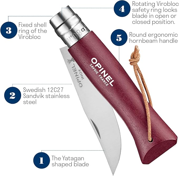 Opinel Colorama Series No. 8 - Stainless Steel Everyday Carry Folding Pocket Knife with Leather Strap Painted Hornbeam Handles