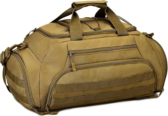 UNISTRENGH 3-Ways Tactical Military Nylon Men Holdall Weekend Travel Duffel Bag Backpack Messenger Shoulder Bags Rucksack Handbag (Coyote-45L)
