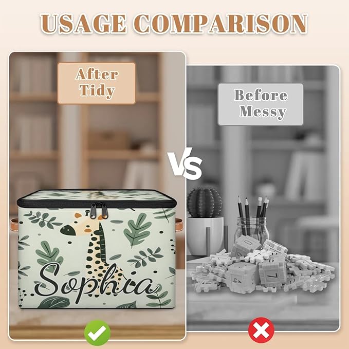 Custom Storage Basket with Name Personalized Storage Bins with Zipper Lid Foldable Fabric Storage Box Large capacity with Handle Giraffe Leaf