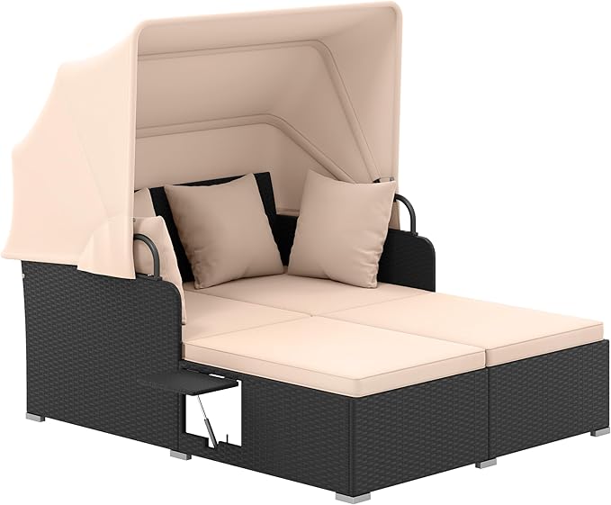 Tangkula Patio Rattan Daybed with Retractable Canopy Outdoor Wicker Sunbed Lounger with 2 Foldable Side Tables Thick Seat &amp Back Cushions Outside Double Daybed for Garden Backyard Porch