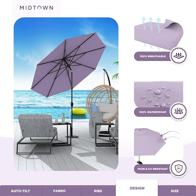 Midtown Umbrellas 10-Year-No-Fade - 8 Ft - UV Proof Purple Polyester Fabric - Umbrella Outdoor Patio Auto-Tilt Aluminum Frame Patio Umbrella for Garden Pool &amp Deck - Black Pole