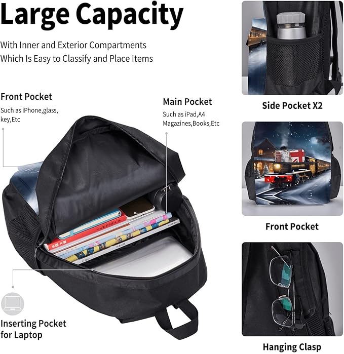 Winter Christmas Snow Night Railway Train Backpack With Lunch Box 3 In 1 Set With Pencil Case Large Capacity Backpack With Chest Strap