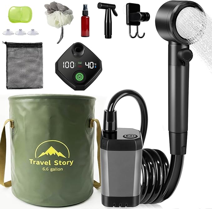 Portable Shower for Camping – 6000mAh Rechargeable Shower Pump with LED Display 3 Modes &amp Spray Nozzle – IPX7 Outdoor Shower Kit for Travel Beach Car Dog Bath