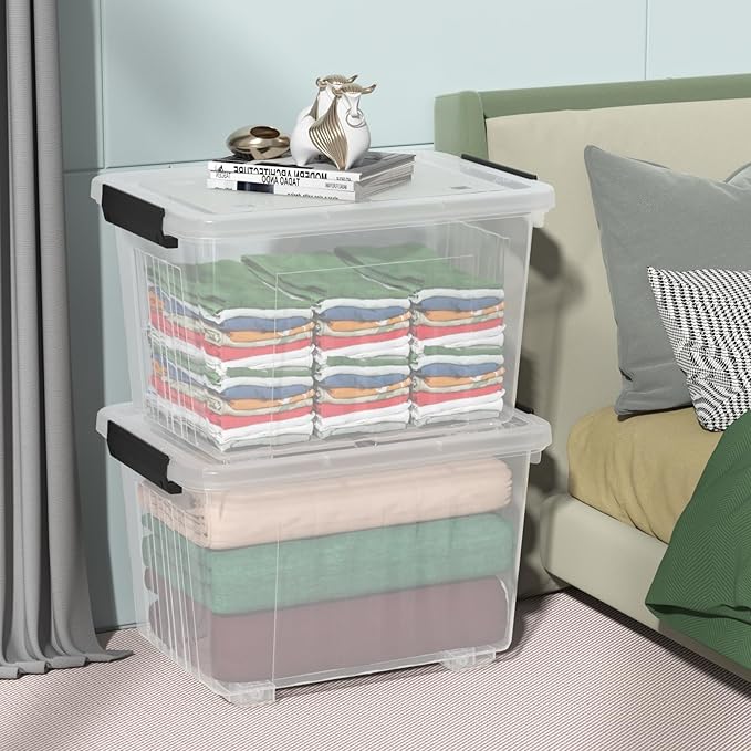4-pack 50 Quarts Lidded Storage boxes Large Clear Plastic Bins with Wheels