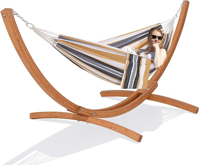 SUNCREAT Hammocks Freestanding Hammock with 10 ft Wooden Stand Included Stand Alone Hammock for Outside 475 lbs Capacity Coffee