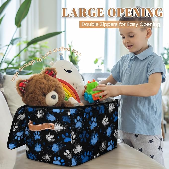 Storage Bin with Lid Paws Prints Stackable Closet Storage Bins Decorative Bedroom Organizer Box Lidded Baskets Living Room Storages Boxes Cube Organizer Cute Container with Handles