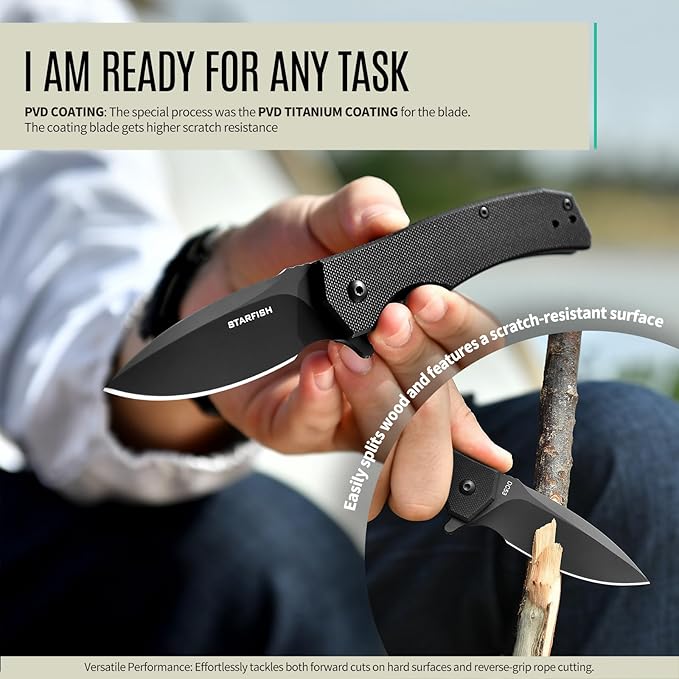 STARFISH Folding Knife 2.9 DC53 Steel PVD Titanium Coating Blade Pocket Knife with G10 Handle and Clip Lightweight Sharp Camping Hiking Daily Work Knives(black)