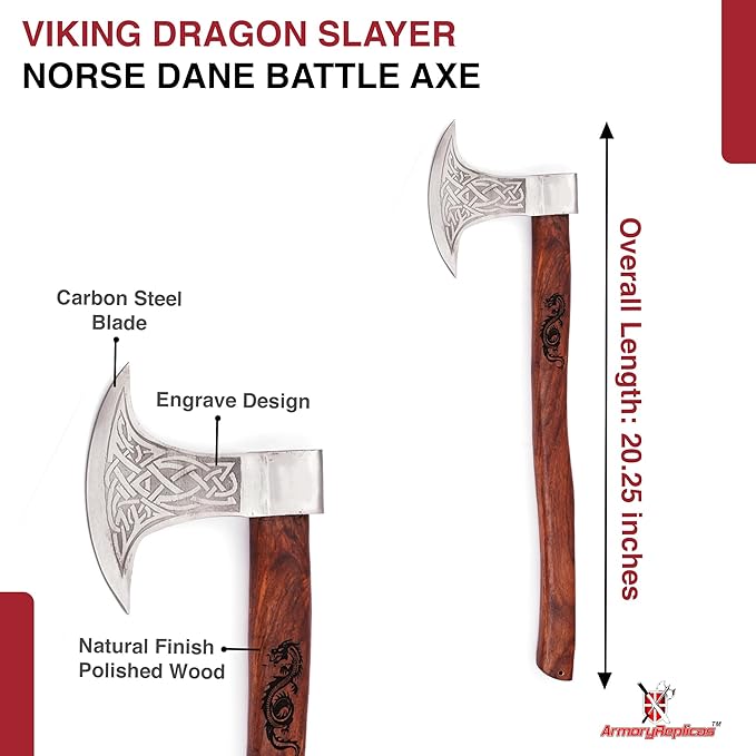 Armory Replicas™ Dragon Slayer Viking Battle Axe – 23 Carbon Steel Beheading Axe w/Knot Motif Sheesham Wood Handle Options – Rustic Brown Finish Functional Crescent Blade